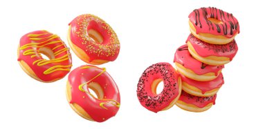 Kırmızı meyve jöleli çörekler, serpinti, beyaz çiseleme ve beyaz şeffaf arkaplanda izole edilmiş noktalar. 3D görüntüleme ve tatlı çeşitliliği