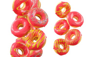 Kırmızı meyve jöleli çörekler, serpinti, beyaz çiseleme ve beyaz şeffaf arkaplanda izole edilmiş noktalar. 3D görüntüleme ve tatlı çeşitliliği