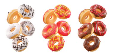 Beyaz şeffaf arka planda renkli kremalı, serpiştirilmiş ve çikolatalı çeşitli çörekler. 3D görüntüleme ve tatlı çeşitliliği