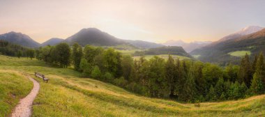 Berchtesgaden Ulusal Parkı, Yukarı Bavyera Alpleri, Almanya, Avrupa 'da gün batımında Hintersee Gölü yakınlarında yol ve bank ile Meadow. Gökyüzü yolu kırpılıyor