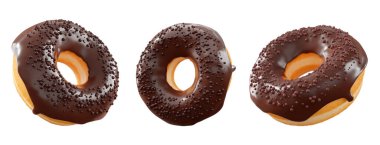 Çikolata kaplı çörekler, serpiştirmeler, beyaz çiselemeler ve beyaz şeffaf arka planda izole edilmiş noktalar. 3D görüntüleme ve tatlı çeşitliliği