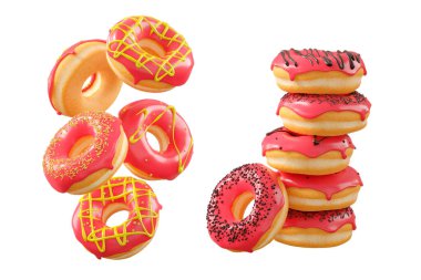 Kırmızı meyve jöleli çörekler, serpinti, beyaz çiseleme ve beyaz şeffaf arkaplanda izole edilmiş noktalar. 3D görüntüleme ve tatlı çeşitliliği