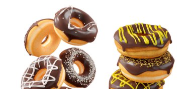 Çikolata kaplı çörekler, serpiştirmeler, beyaz çiselemeler ve beyaz şeffaf arka planda izole edilmiş noktalar. 3D görüntüleme ve tatlı çeşitliliği