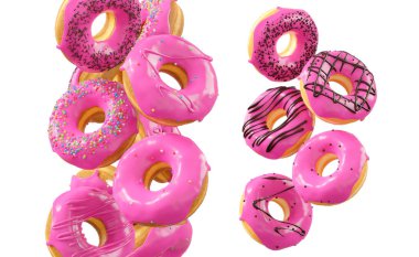 Pembe meyve jöleli çörekler, serpiştirmeler, beyaz çiselemeler ve beyaz şeffaf arka planda izole edilmiş noktalar. 3D görüntüleme ve tatlı çeşitliliği