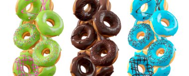 Beyaz şeffaf arka planda renkli kremalı, serpiştirilmiş ve çikolatalı çeşitli çörekler. 3D görüntüleme ve tatlı çeşitliliği