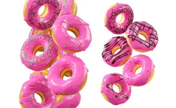 Pembe meyve jöleli çörekler, serpiştirmeler, beyaz çiselemeler ve beyaz şeffaf arka planda izole edilmiş noktalar. 3D görüntüleme ve tatlı çeşitliliği