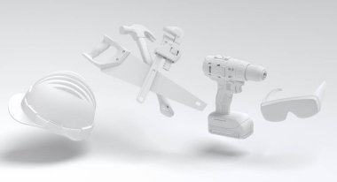 Beyaz arka planda monokrom yapım araçlarının uçuş görüntüsü. Tesisatçı ya da tamirci için 3D tasvir ve hizmet afişi