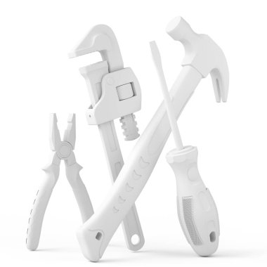 Tek renkli arka planda onarım ve kurulum için yeşil inşaat araçlarının üst görünümü. Tesisatçı ya da tamirci için 3D tasvir ve hizmet afişi