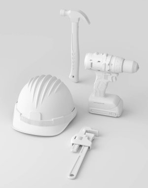 Tek renkli arka planda onarım ve kurulum için yeşil inşaat araçlarının üst görünümü. Tesisatçı ya da tamirci için 3D tasvir ve hizmet afişi