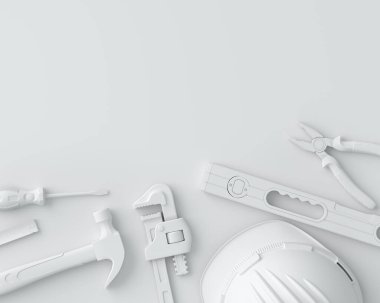 Tek renkli arka planda onarım ve kurulum için yeşil inşaat araçlarının üst görünümü. Tesisatçı ya da tamirci için 3D tasvir ve hizmet afişi