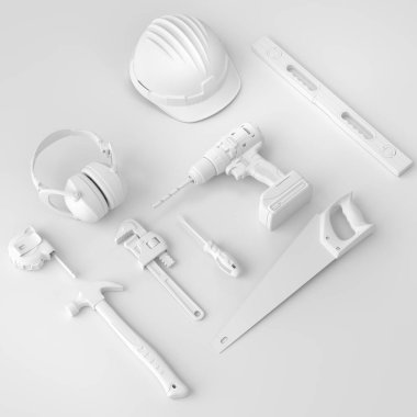 Tek renkli arka planda onarım ve kurulum için yeşil inşaat araçlarının üst görünümü. Tesisatçı ya da tamirci için 3D tasvir ve hizmet afişi