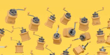Sarı arka planda bir sürü uçan ahşap kahve öğütücüsü var. 3D kahve üretimi kavramı ya da ev kahvecisi tasarım şablonunda espresso yapmak