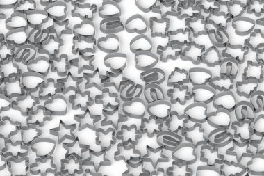 Beyaz arka planda ev yapımı Noel bisküvisi için çeşitli şekil ve boyutlarda parıldayan metal kurabiye keskisi yığını. Mutfakta 3 boyutlu zencefilli kurabiye tarifi..