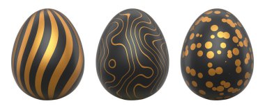 Beyaz şeffaf arka planda izole edilmiş altın desenli zarif siyah yumurtalar. Lüks, zarafet ve bolluk kavramı.