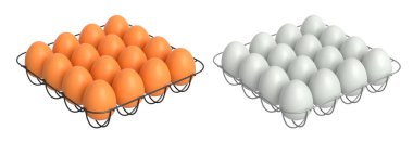 Beyaz şeffaf arkaplanda izole edilmiş beyaz ve kahverengi yumurtalarla dolu metal tepsiler. Yumurta çeşitliliği ve gıda endüstrisi kavramı