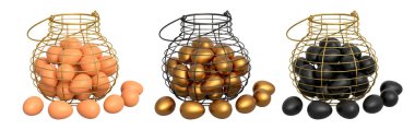 Yumurtalarla dolu kablo sepetleri, beyaz şeffaf arka planda izole edilmiş, mutfak depolama kavramı.