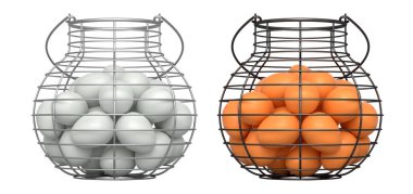 Yumurtalarla dolu kablo sepetleri, beyaz şeffaf arka planda izole edilmiş, mutfak depolama kavramı.