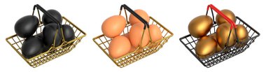 Yumurtalarla dolu kablo sepetleri, beyaz şeffaf arka planda izole edilmiş, mutfak depolama kavramı.