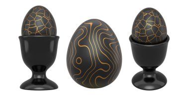 Beyaz şeffaf arka planda izole edilmiş parlak siyah yumurta kapları içinde altın desenli siyah yumurtalar. Lüks, zarafet ve bolluk kavramı.