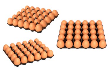 Plastik tepsiler düzgün istiflenmiş kahverengi yumurtalarla dolu, beyaz şeffaf arka planda izole edilmiş. Yumurta çeşitliliği ve gıda endüstrisi kavramı