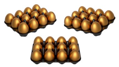 Plastik tepsiler düzgünce istiflenmiş altın yumurtalarla dolu, beyaz şeffaf arka planda izole edilmiş. Yumurta çeşitliliği ve gıda endüstrisi kavramı