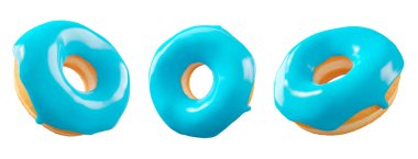 Mavi yaban mersini jöleli çörekler, serpinti, beyaz çiseleme ve beyaz şeffaf arka planda izole edilmiş noktalar. 3D görüntüleme ve tatlı çeşitliliği