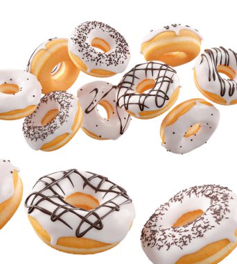 Beyaz çikolata kaplı çörekler, serpiştirmeler, beyaz çiselemeler ve beyaz şeffaf arka planda izole edilmiş noktalar. 3D görüntüleme ve tatlı çeşitliliği