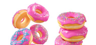 Pembe meyve jöleli çörekler, serpiştirmeler, beyaz çiselemeler ve beyaz şeffaf arka planda izole edilmiş noktalar. 3D görüntüleme ve tatlı çeşitliliği