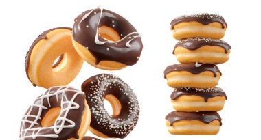 Çikolata kaplı çörekler, serpiştirmeler, beyaz çiselemeler ve beyaz şeffaf arka planda izole edilmiş noktalar. 3D görüntüleme ve tatlı çeşitliliği