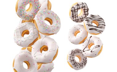 Beyaz çikolata kaplı çörekler, serpiştirmeler, beyaz çiselemeler ve beyaz şeffaf arka planda izole edilmiş noktalar. 3D görüntüleme ve tatlı çeşitliliği