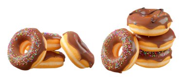 Çikolata kaplı çörekler, serpiştirmeler, beyaz çiselemeler ve beyaz şeffaf arka planda izole edilmiş noktalar. 3D görüntüleme ve tatlı çeşitliliği