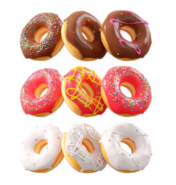 Beyaz şeffaf arka planda renkli kremalı, serpiştirilmiş ve çikolatalı çeşitli çörekler. 3D görüntüleme ve tatlı çeşitliliği