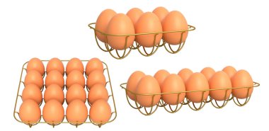 Beyaz şeffaf arka planda izole edilmiş, düzgün istiflenmiş kahverengi yumurtalarla dolu metal tepsiler. Yumurta çeşitliliği ve gıda endüstrisi kavramı