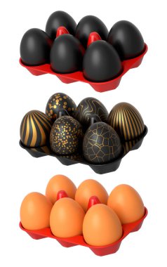 Tepsilerde altın desenli, beyaz şeffaf arka planda izole siyah yumurtalar. Lüks, zarafet ve bolluk kavramı.