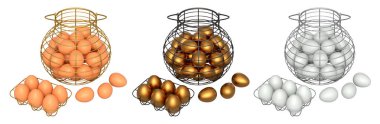 Yumurtalarla dolu kablo sepetleri, beyaz şeffaf arka planda izole edilmiş, mutfak depolama kavramı.