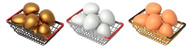 Yumurtalarla dolu kablo sepetleri, beyaz şeffaf arka planda izole edilmiş, mutfak depolama kavramı.