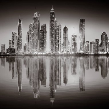 Aydınlatılmış gökdelenleri ve gece siyah beyaz rıhtımlı şehir silüeti, kentsel gelişim konsepti, Dubai Marina Körfezi BAE