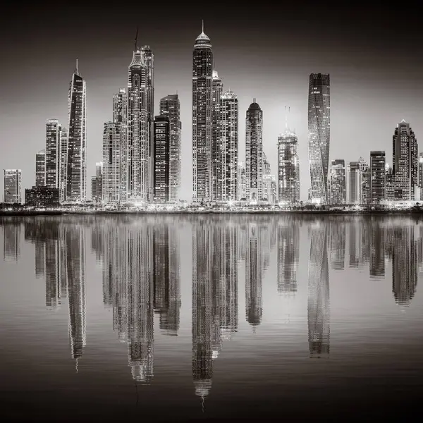 Aydınlatılmış gökdelenleri ve gece siyah beyaz rıhtımlı şehir silüeti, kentsel gelişim konsepti, Dubai Marina Körfezi BAE