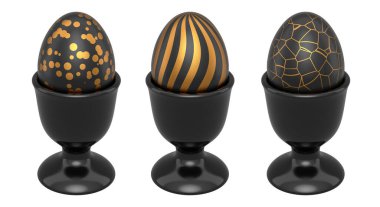 Beyaz şeffaf arka planda izole edilmiş parlak siyah yumurta kapları içinde altın desenli siyah yumurtalar. Lüks, zarafet ve bolluk kavramı.