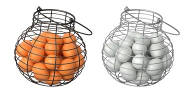 Yumurtalarla dolu kablo sepetleri, beyaz şeffaf arka planda izole edilmiş, mutfak depolama kavramı.