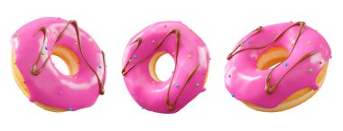 Pembe meyve jöleli çörekler, serpiştirmeler, beyaz çiselemeler ve beyaz şeffaf arka planda izole edilmiş noktalar. 3D görüntüleme ve tatlı çeşitliliği