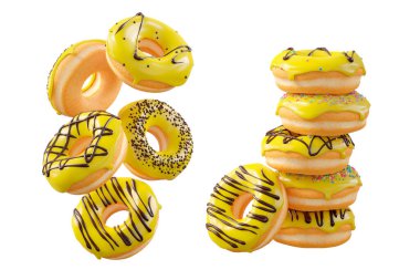 Sarı limon jöleli çörekler, serpinti, beyaz çiseleme ve beyaz şeffaf arka planda izole edilmiş noktalar. 3D görüntüleme ve tatlı çeşitliliği