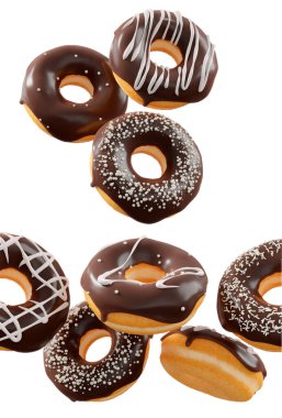 Çikolata kaplı çörekler, serpiştirmeler, beyaz çiselemeler ve beyaz şeffaf arka planda izole edilmiş noktalar. 3D görüntüleme ve tatlı çeşitliliği