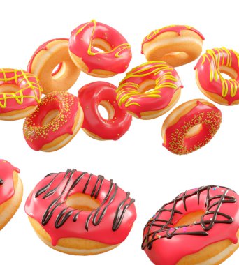 Kırmızı meyve jöleli çörekler, serpinti, beyaz çiseleme ve beyaz şeffaf arkaplanda izole edilmiş noktalar. 3D görüntüleme ve tatlı çeşitliliği