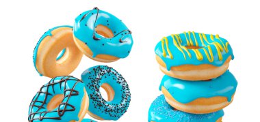 Mavi yaban mersini jöleli çörekler, serpinti, beyaz çiseleme ve beyaz şeffaf arka planda izole edilmiş noktalar. 3D görüntüleme ve tatlı çeşitliliği