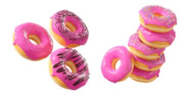 Pembe meyve jöleli çörekler, serpiştirmeler, beyaz çiselemeler ve beyaz şeffaf arka planda izole edilmiş noktalar. 3D görüntüleme ve tatlı çeşitliliği