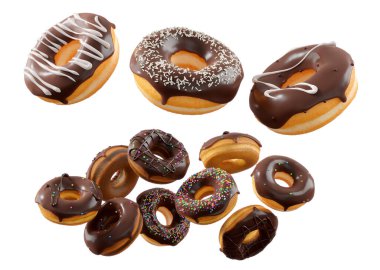 Çikolata kaplı çörekler, serpiştirmeler, beyaz çiselemeler ve beyaz şeffaf arka planda izole edilmiş noktalar. 3D görüntüleme ve tatlı çeşitliliği