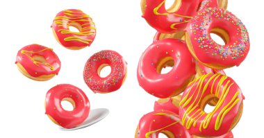 Kırmızı meyve jöleli çörekler, serpinti, beyaz çiseleme ve beyaz şeffaf arkaplanda izole edilmiş noktalar. 3D görüntüleme ve tatlı çeşitliliği