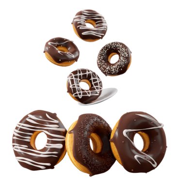 Çikolata kaplı çörekler, serpiştirmeler, beyaz çiselemeler ve beyaz şeffaf arka planda izole edilmiş noktalar. 3D görüntüleme ve tatlı çeşitliliği