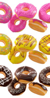 Beyaz şeffaf arka planda renkli kremalı, serpiştirilmiş ve çikolatalı çeşitli çörekler. 3D görüntüleme ve tatlı çeşitliliği